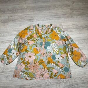 Spartina 449 Silk Floral Blouse Blue Yellow Pink Retro Boho Long Sleeve Size XL